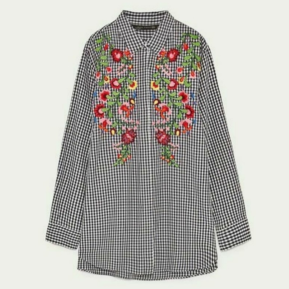 Zara Black & White Gingham Check Shirt With Embroidery - Picture 12 of 12